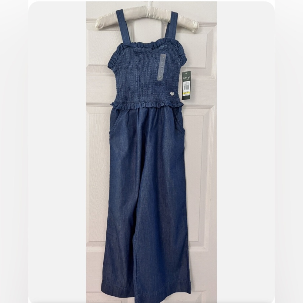 NWOT Bebe Girls 10/12 Denim Blue Gathered Bodice w/ Ruffles Strapped jumpsuit